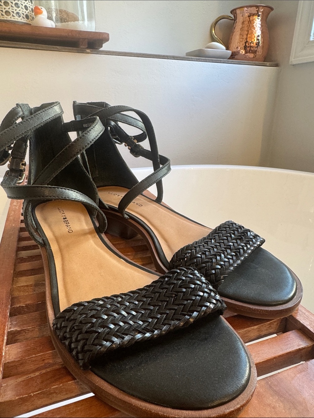 Lucky Brand Black Woven Ankle-Strap Sandals